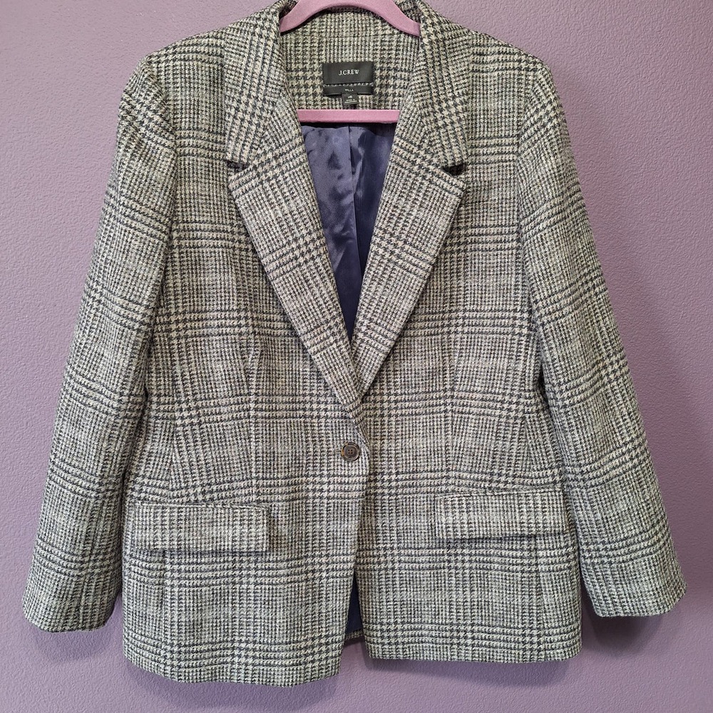 J. Crew Black and White Plaid Wool Blend Blazer